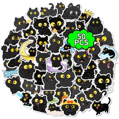 50 Adet Sevimli Siyah Kedi Çıkartması – Dizüstü Bilgisayar, Kaykay, Günlük İçin Su Geçirmez Karikatür Çıkartmalar