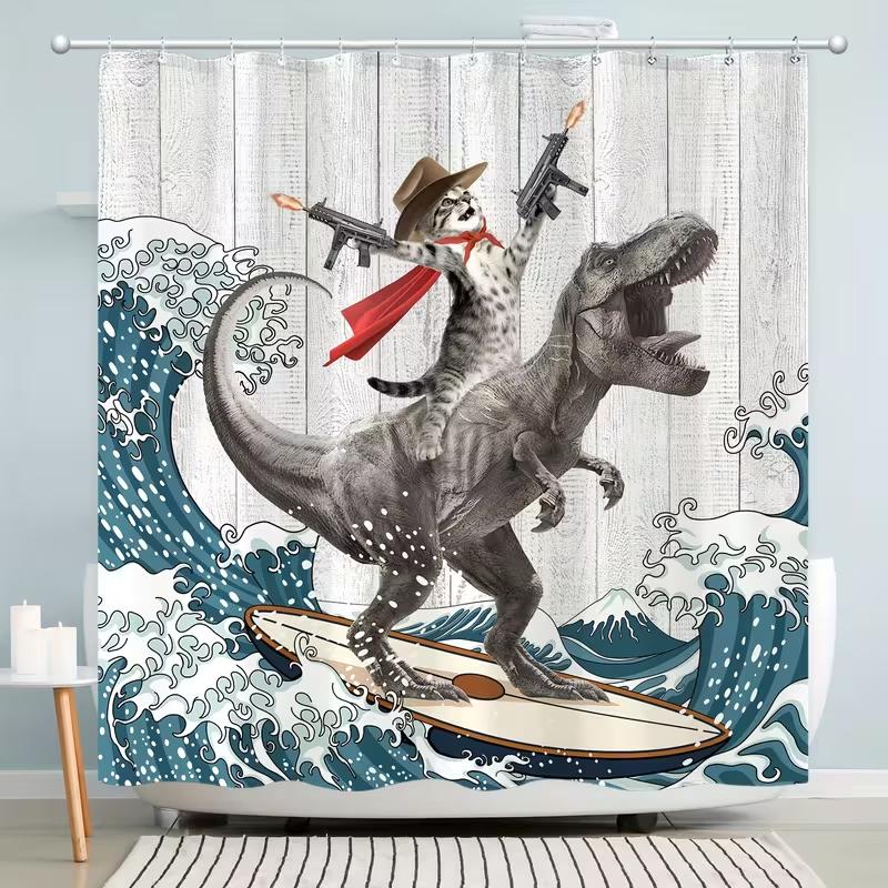 Vikama Western Cowboy Cat Tyrannosaurus Rex Surfing Shower Curtain Cartoon Whimsical Design Unique And Humorous Atmosphere Decor