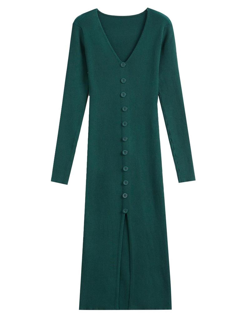 V-neck Mid-length Split Single-breasted Knitted Bodycon Dress