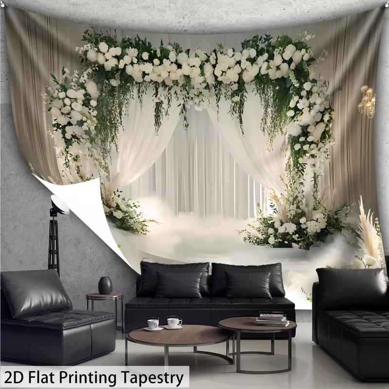 2D Elegant Floral Arch Tapestry White Roses and Greenery Backdrop Background Cloth