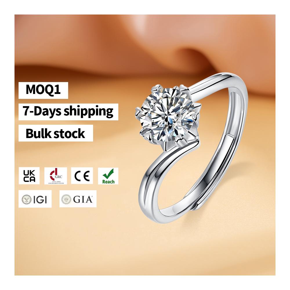 Factory Direct Sale Snowflake Flower Heart 6-prong Round-cut Moissanite Sterling Silver 925 Adjustable Band Anniversary Gifts.