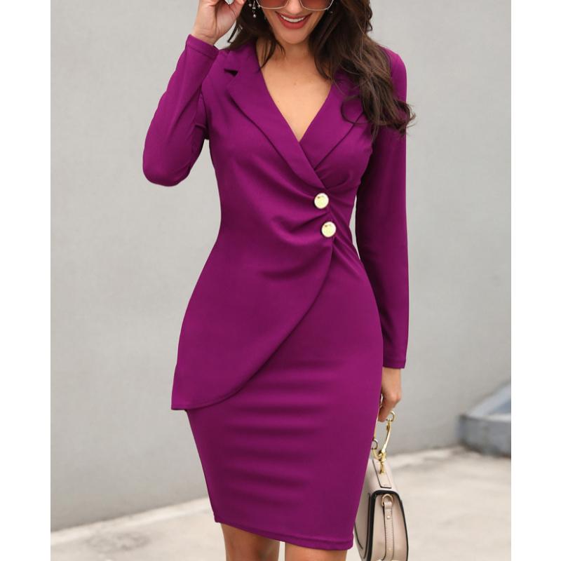 2026 New V-Neck Office Bodycon Dress, Long Sleeve Button Front Pencil Dress for Work, Chic Professional Midi Dress