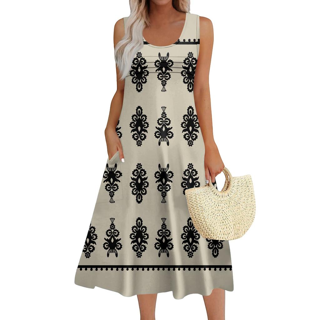 Women's Fashion Round Neck Sleeveless Pleated Beach Dress With Pockets Long Striped Printed Dresses