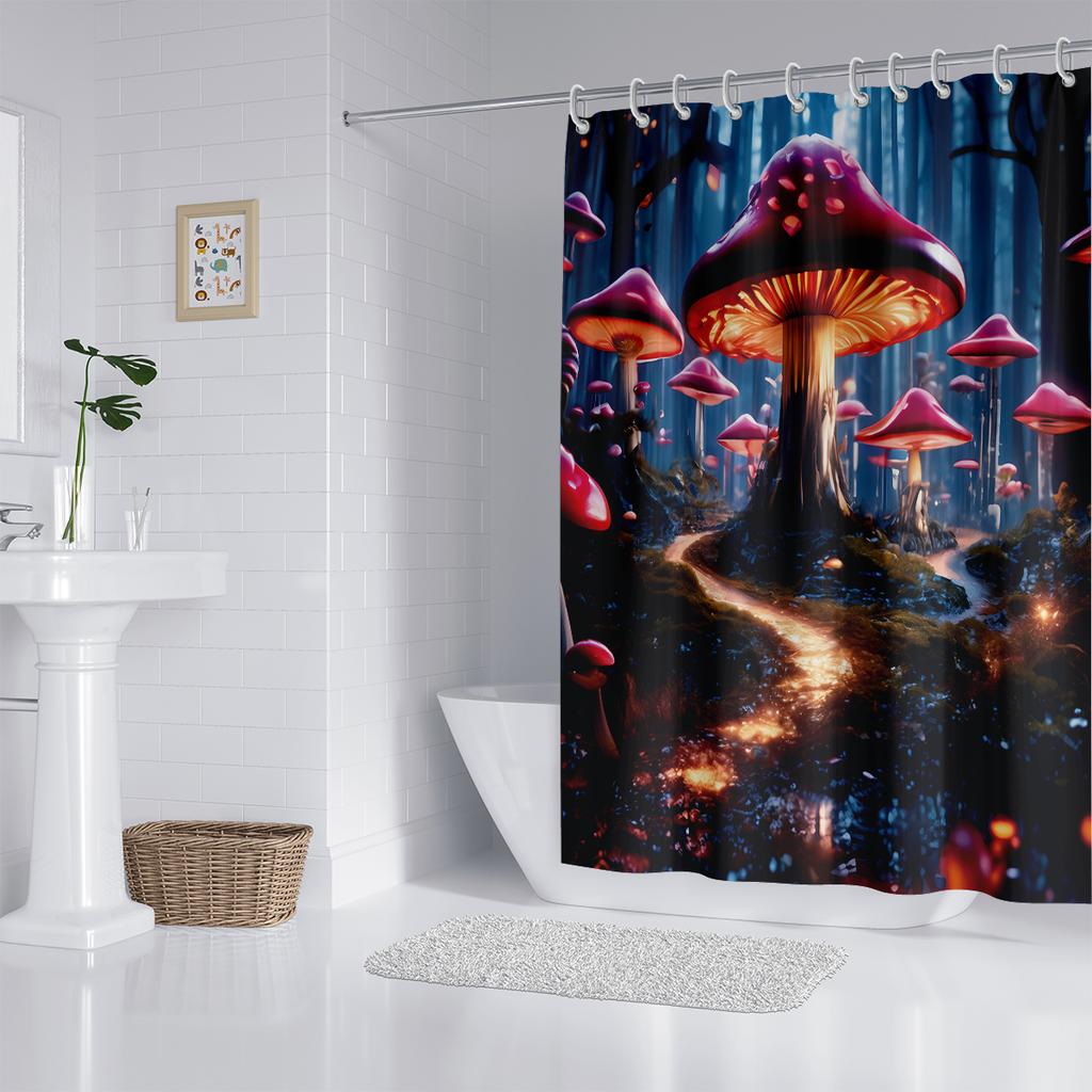 1PC Mashroom Wonderland Pattern Printed Shower Curtain, Waterproof, Washable, with 12 Hooks, Bathroom Shower, Bathtub, Home Use