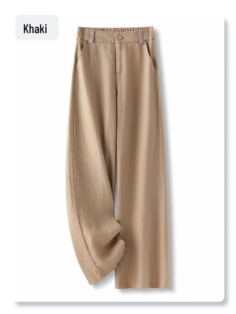 Damen Beige Tencel Weitbeinige Sommerhose mit Hoher Taille - 2025