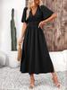 European & American Women's Ruffle Sleeve Slit Dress - Solid Color, Elastic Waist, Long Skirt, Youthful Summer Style