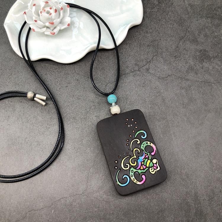 Retro Literary and Artistic Ebony Hand-painted Necklace Zen Elegant and Versatile Men's and Women's Personalized Sweater Chain Pendant Accessories