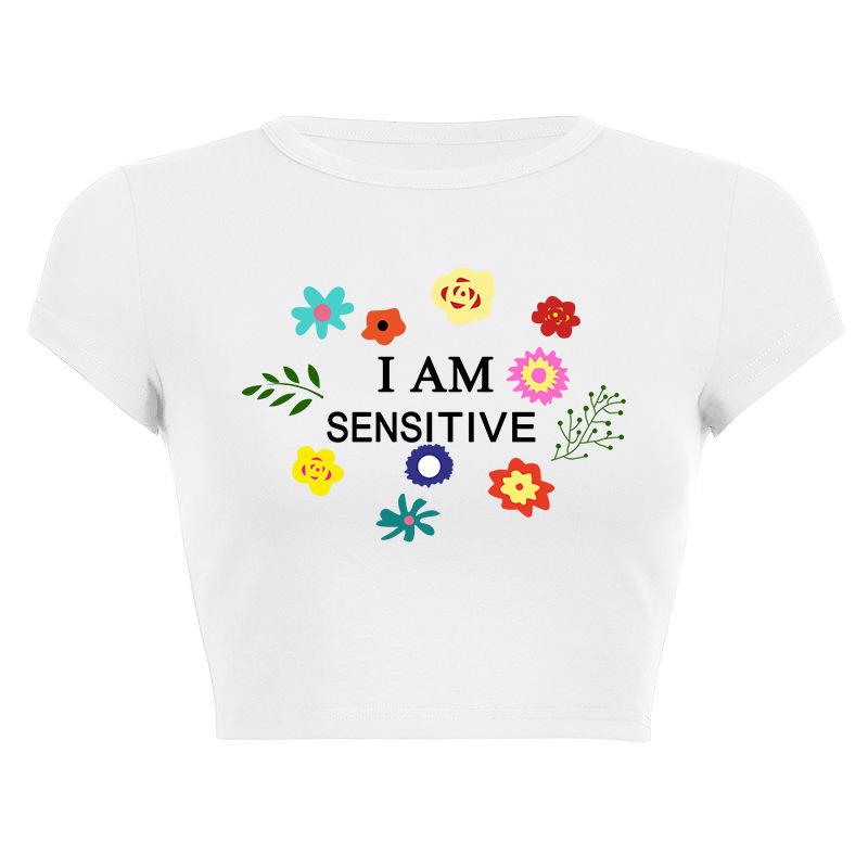 European, American English slogans Printed sexy exposed navel short T-shirt fashionable round neck slim slim top women's multi-picture