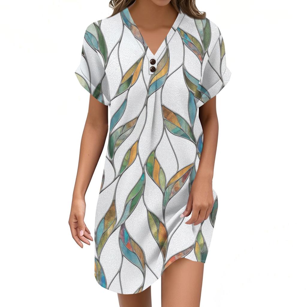 Women's V-neck Vintage Floral Print Pullover Casual Button Dress