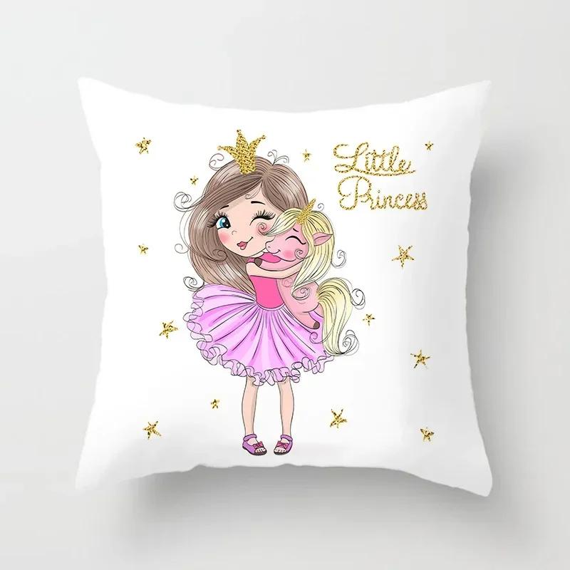 Söt Tecknad Liten Prinsessa Kuddfodral Dekoration Vardagsrum Soffa Sovrum Bil Barnrum Örngott 45*45cm