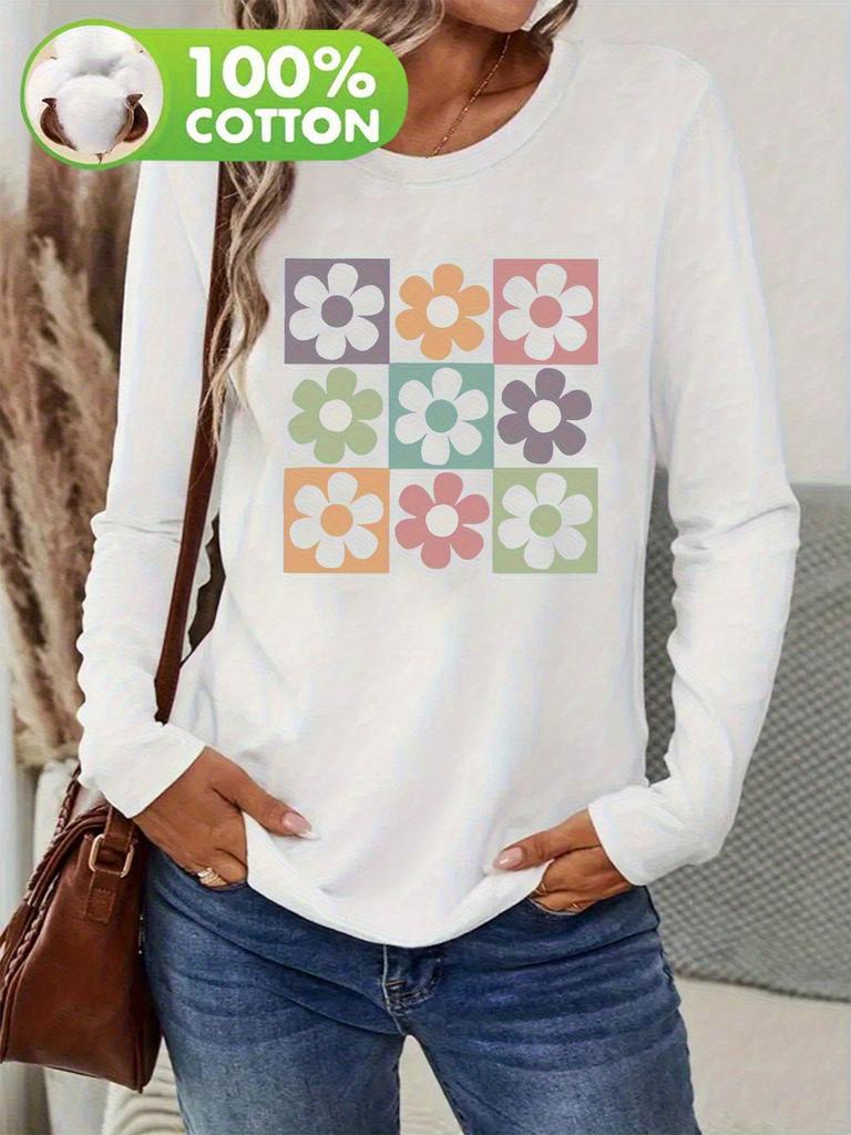 Spring and Autumn Women's 100% Cotton Fashion Casual Loose Butterfly Pattern Print Round Neck Long Sleeve T-shirt Base Shirt