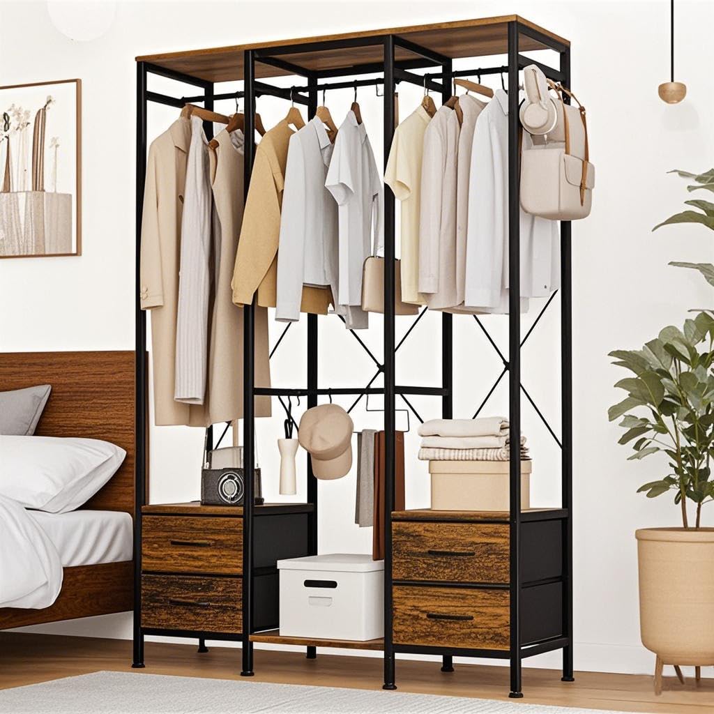 SINNONAKA Hanger Rack with Large Costume Storage Large Clothes Pipe Clothes Pants Total Load Capacity 180kg Waterproof Walnut x Drawers, Wardrobe,
