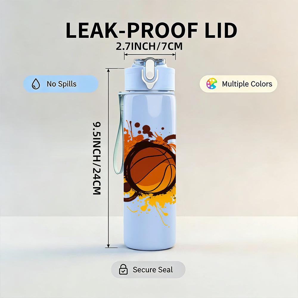 1PC Splashing Orange Basketball Graphic 750ml Color Plastic Sports Water Bottle Leakproof Flip Straw Lid For Sports Office Home Use