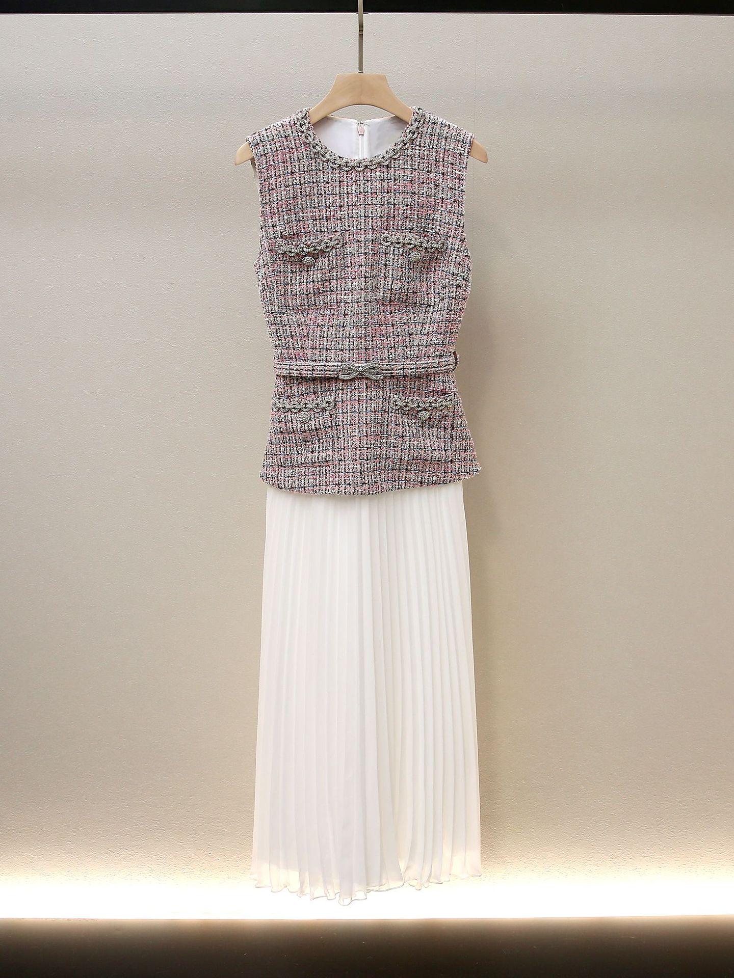 

Элегантный осенний жилет и длинное платье в стиле пэчворк из твида с бантом из страз Large розовый