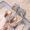 Scarpe col tacco alto da bambina argentate con strass, stile principessa - Scarpe eleganti chiuse in punta con fiocco e suola morbida