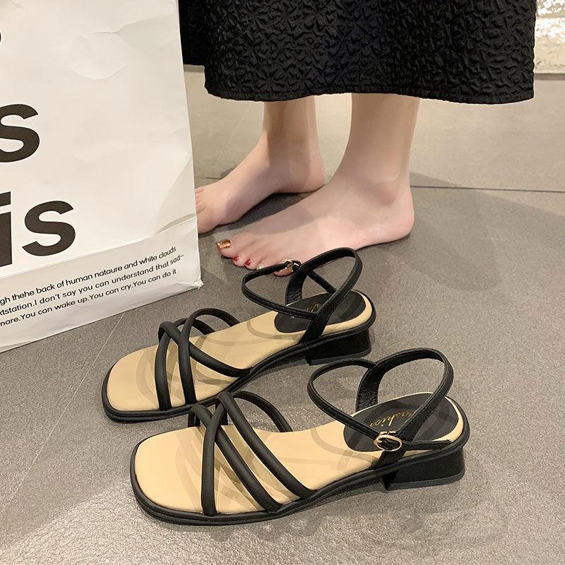 Sandals women's summer 2025 new fashion fashion one-line belt with mid-heel thick heel fairy style with skirt Roman women's shoes