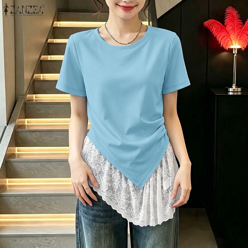 ZANZEA Women Casual Lace Splice Irregular Hem Summer Short Sleeve Blouse Tops