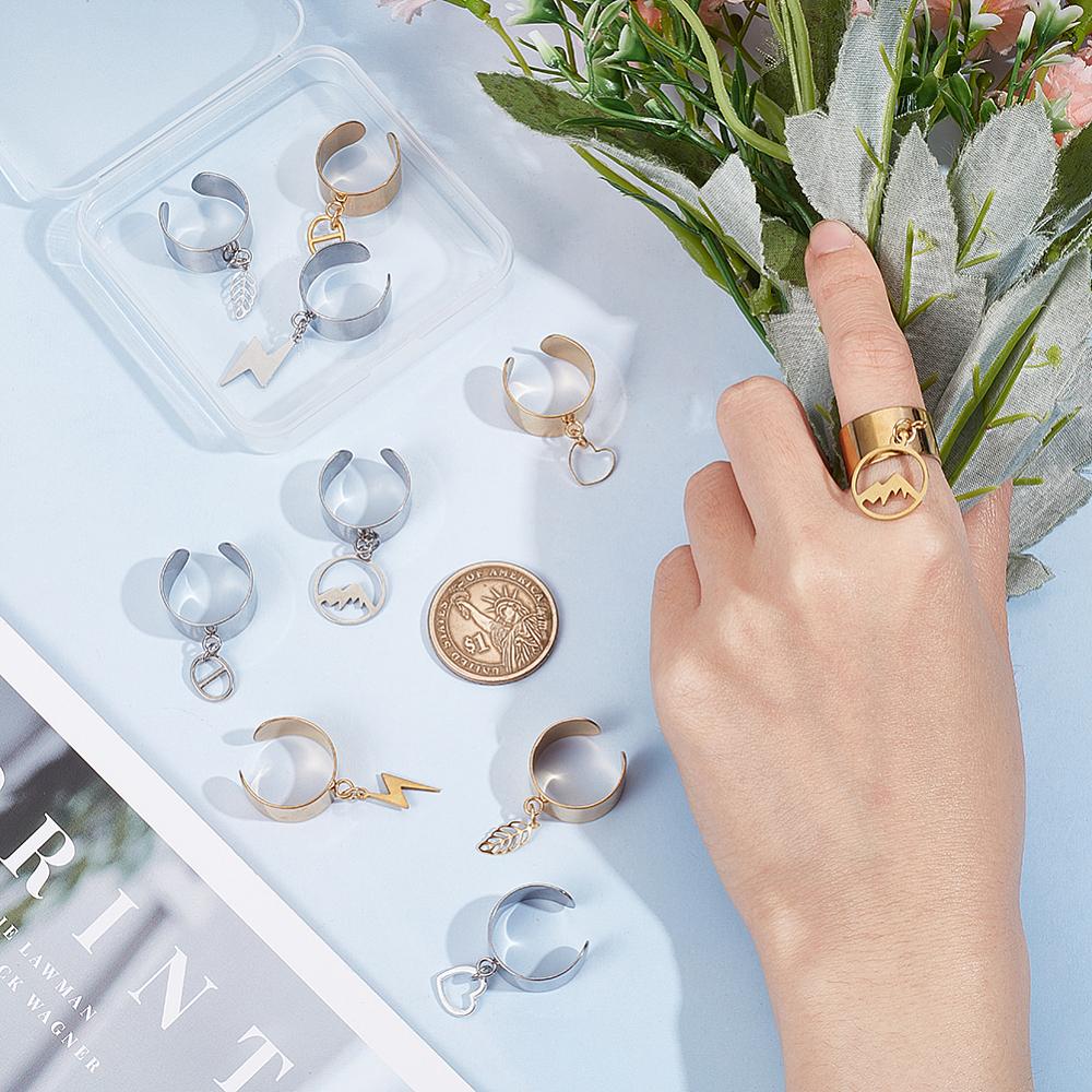 10Pcs 10 Style 304 Stainless Steel Open Cuff Rings Set, Stackable Rings with Charms, Mixed Shapes, Inner Diameter: 17~18mm, 1pc/style