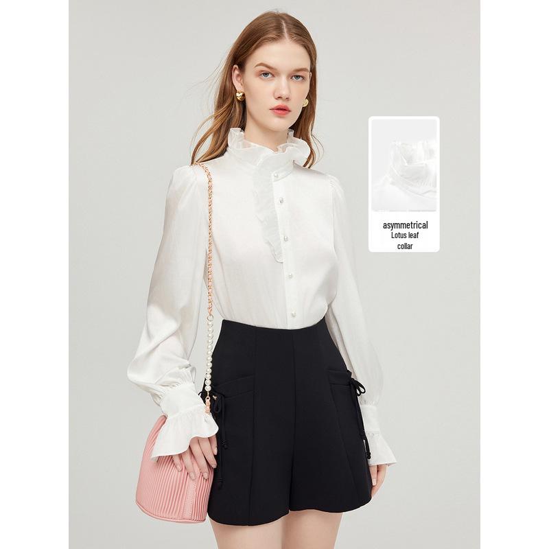 In Stock: Gourcuff Women s 2026 Spring Retro French Satin Ruffle Blouse with Stand Collar Large грязно-белый