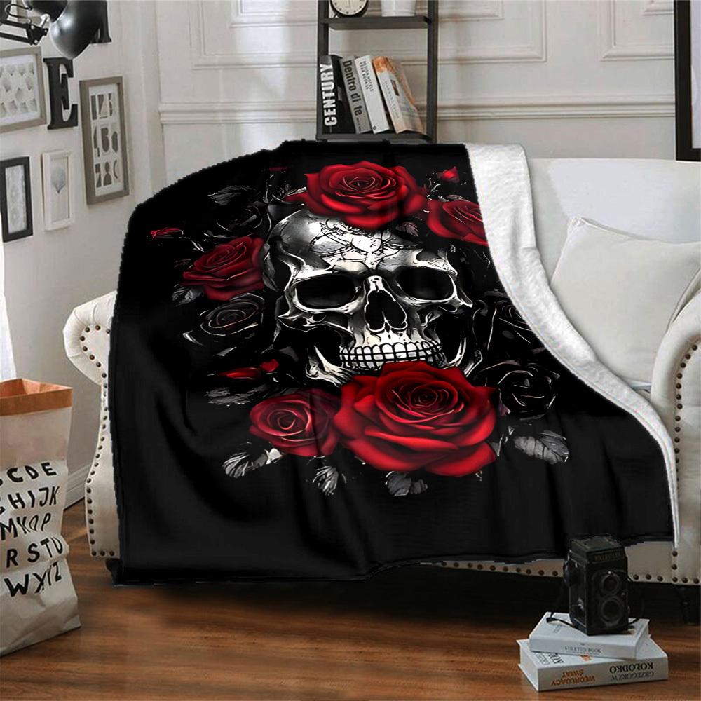 1pc Skull Roses Blanket Lightweight Flannel Throw for Sofa Bed Travel Camping Livingroom Office Couch Chair