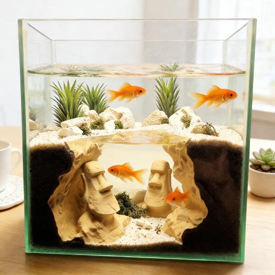 Aquariumhöhle Tunnel Osterinsel Moai Statuen unter Kieshöhle Kleinfisch- und Garnelenversteck mit Sichtfenstern für Betta Pleco Garnelen