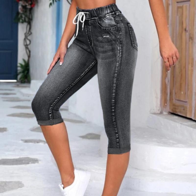 GMXIA Women's Jeans Elastic Waist Drawstring High Waist Ripped Jeans Women High Stretch Denim Hot Pants