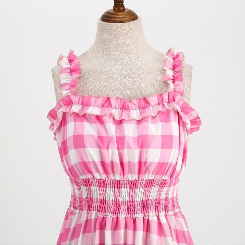 Sexy suspender chest wrap plaid print lace A-word dress