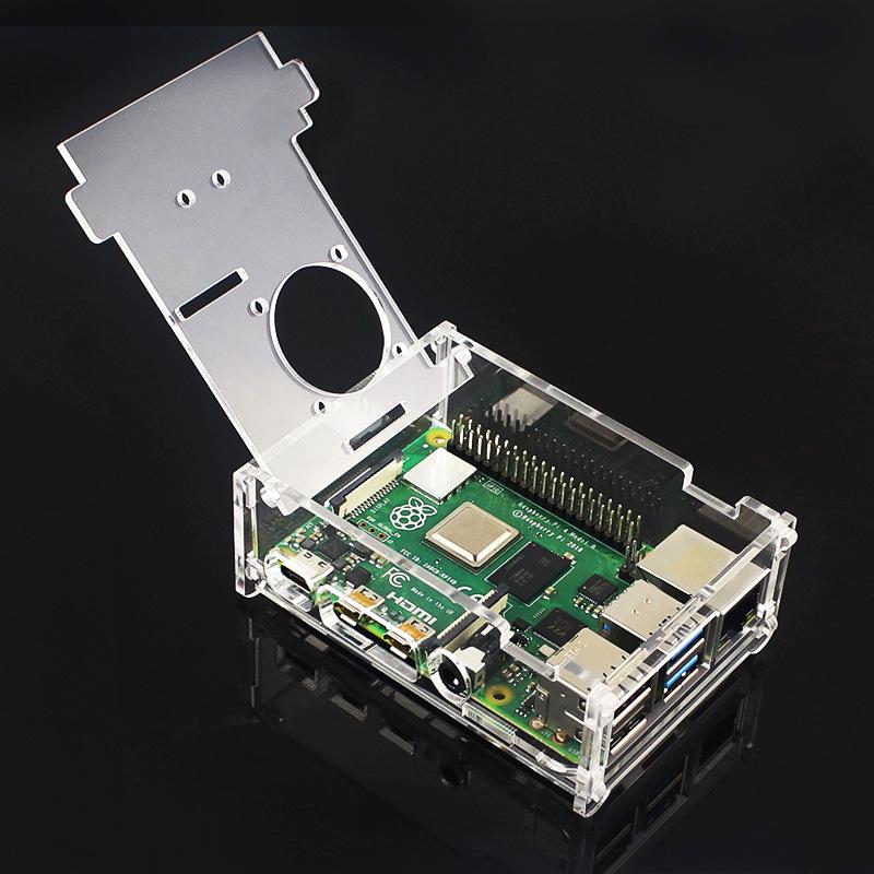 Acrylic Protective Case for Raspberry Pi 4 Model B with 3.5-inch Touchscreen, Fan Mount, and Camera Stand.