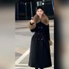 Women's Winter Black Hepburn Style Chenille Spandex Mid-Length Coat with Slimming Waist