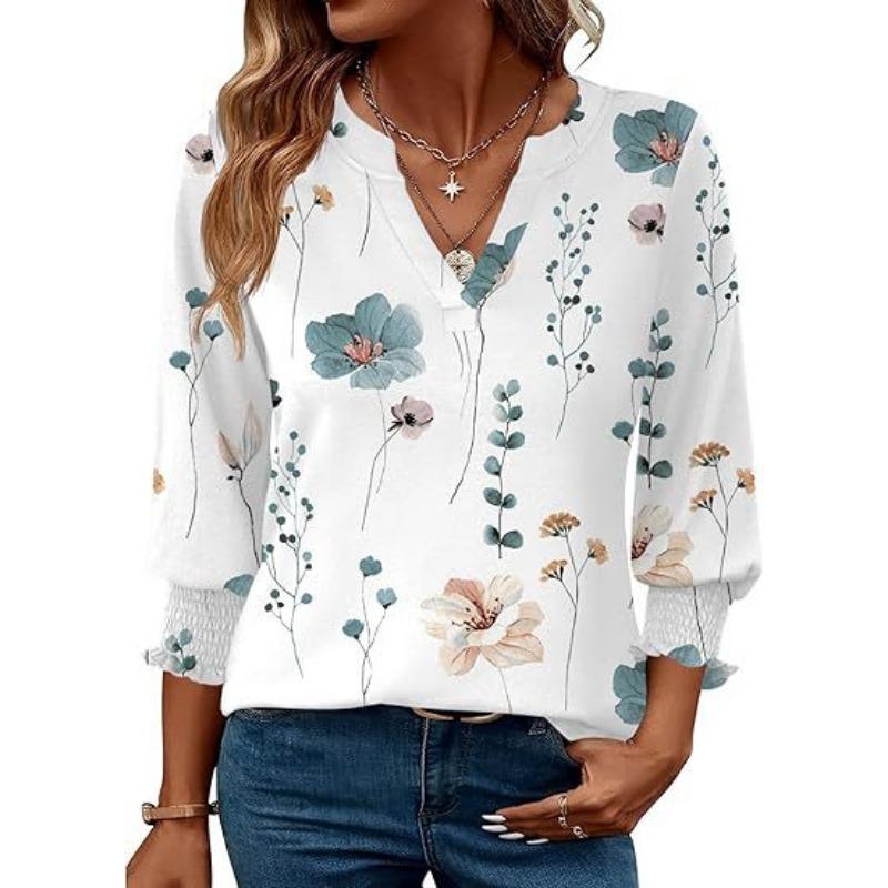 

Fashion blouse three-quarter sleeve flower print casual summer T-shirt women XXL білий