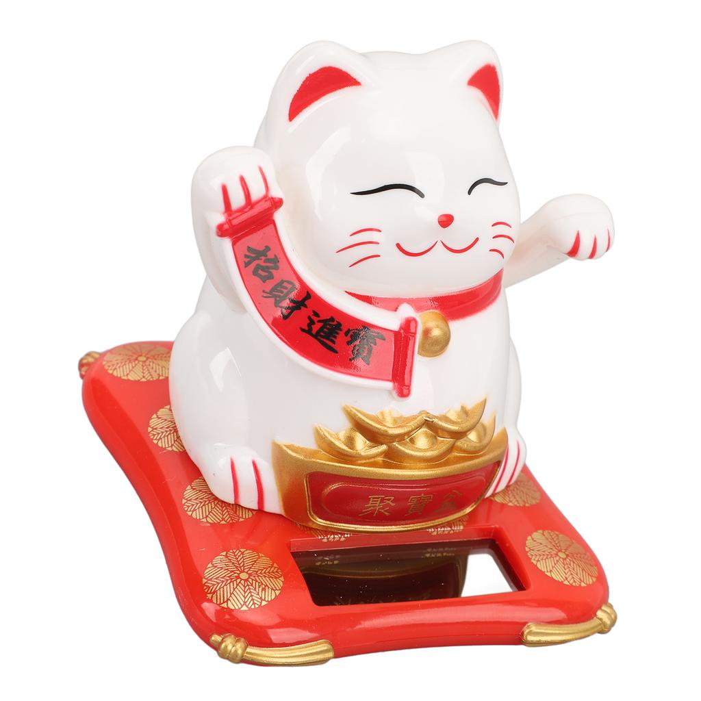 Lucky Waving Cat Solar Power Arm Waving Fortune Cat Plastic Wealth Welcoming Cat Decorative Lucky Cat Ornaments for Shop Car 812‑01 White