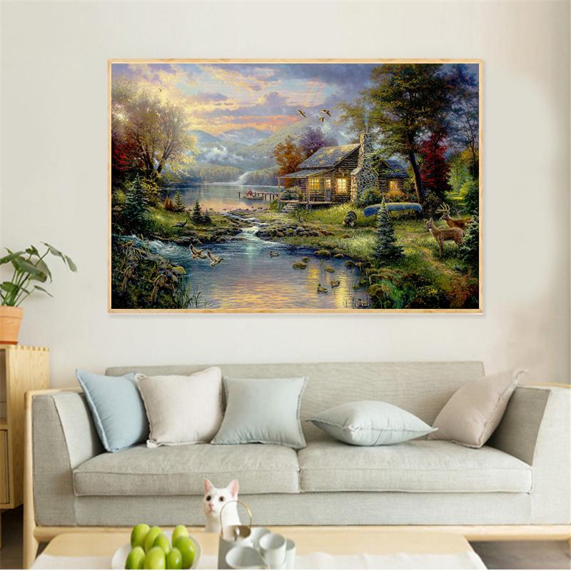 New Abstract Oil Painting Canvas Prints Mountain Landscape Posters and Prints Wall Decor Lamplight Nature House Cottage