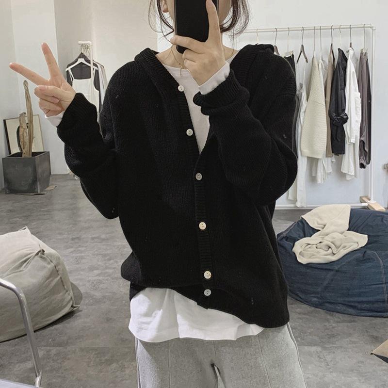 Hooded v-neck knitted cardigan early autumn new loose lazy gentle wind sweater jacket with top women