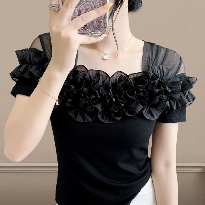 Klassisk Sommer Dame Mesh Volang Blomsterpynt Firkantet Krage Kort Ermet T-skjorte Elegant Boutique Dame Casual Topper T-skjorter