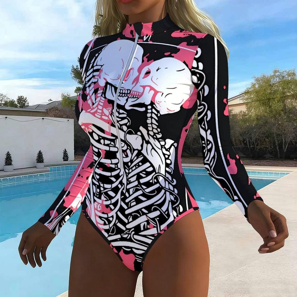 Women Long Sleeve One Piece Swimsuit Zip Front Spiral Tie Dye Print Rash Guard Surfing Bathing Suit