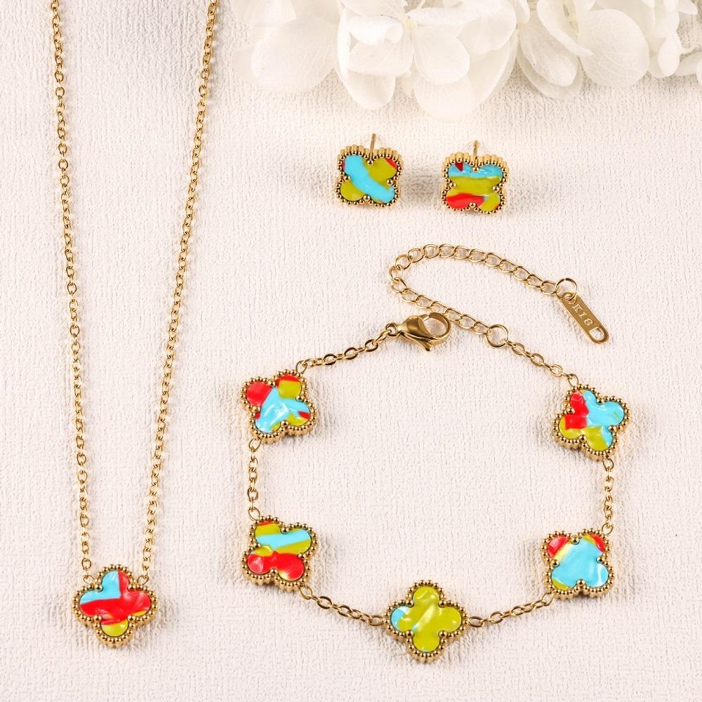 Four-leaf Clover Three-piece Necklace Bracelet and Earring Set - A Luxurious and Colorful Fashion Accessory Set