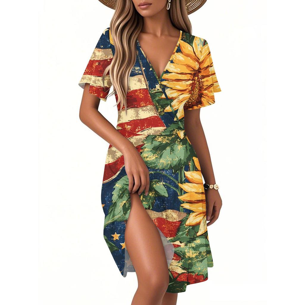 Dámské ležérní módní šaty Vintage květinové květinové šaty s krátkým rukávem a výstřihem do V