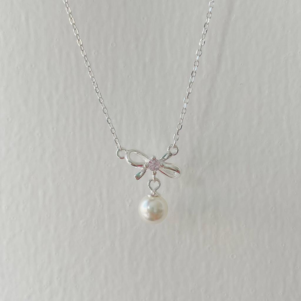 Small and fresh temperament S925 sterling silver bow bead necklace female sweet pink diamond collarbone chain
