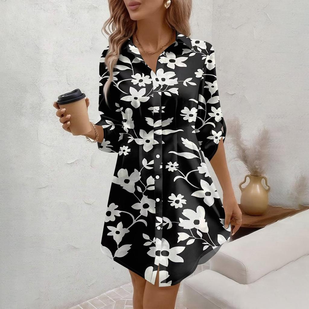 Damen Locker sitzendes V-Ausschnitt Langarmkleid Druck Arbeitshemdkleid