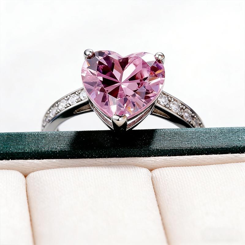 Romantic and elegant heart-shaped pink diamond zircon ring set for women's fashionable temperament, versatile ring