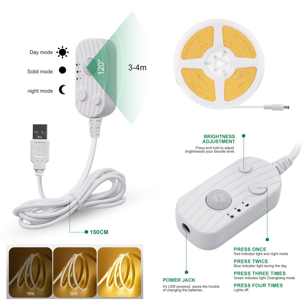 PIR Hareket Sensörlü USB 5V COB LED Şerit 3MM 5MM 8MM 320LED/M Yüksek Yoğunluklu Esnek FOB LED Bant 3000K-6000K Şerit Halat Işıkları