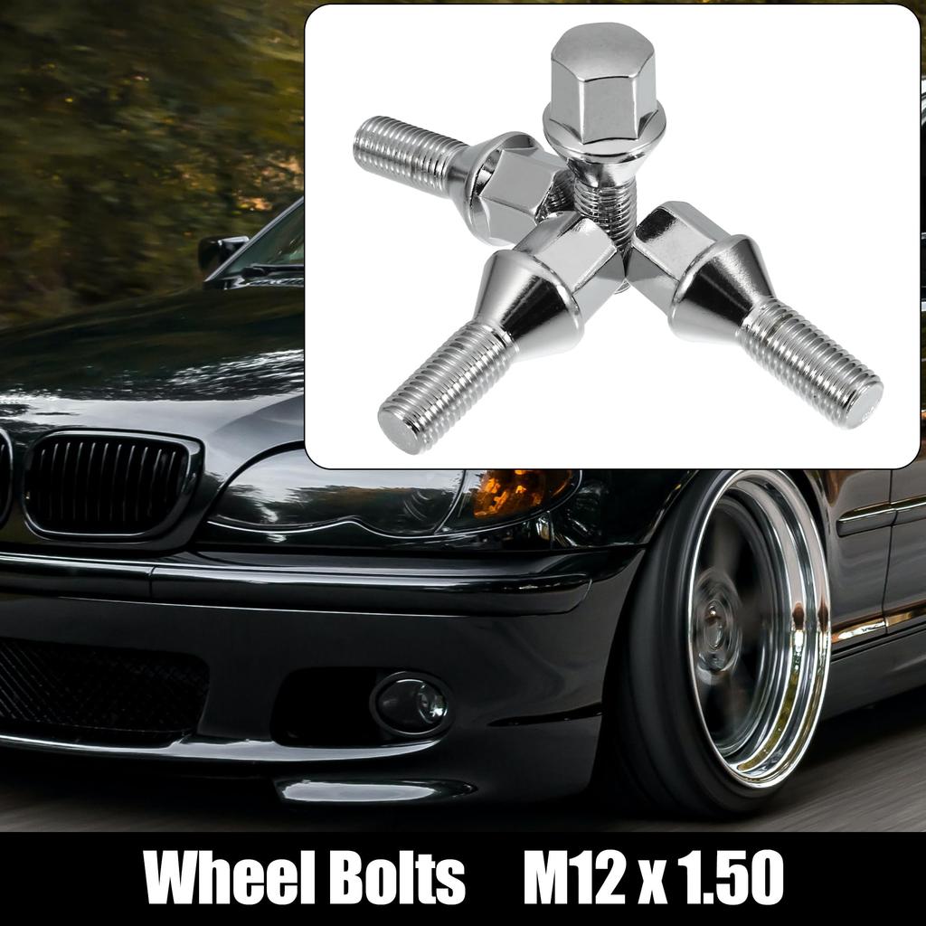UXCELL Wheel Bolts, 60° Tapered Seat, 17mm Shank, Lug Nuts, Chrome, Wheel Stud Set, M12x1.5, 26mm, 8 Pieces