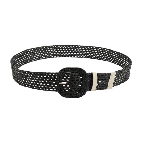 

Плетеный ремень из соломы с овальной квадратной пряжкой, полый дизайн, декоративный джинсовый ремень, дышащее плетение, регулируемый пояс для рубашки чёрный