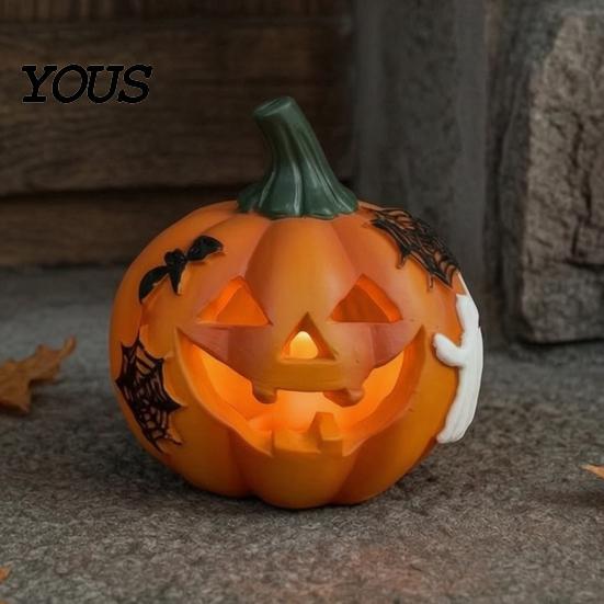 Festive Holiday Home Ornaments Spooky Lighted Pumpkin Figurine, Halloween Engraved Light-Up Resin Decorations Statue for Tabletop Indoor Outdoor