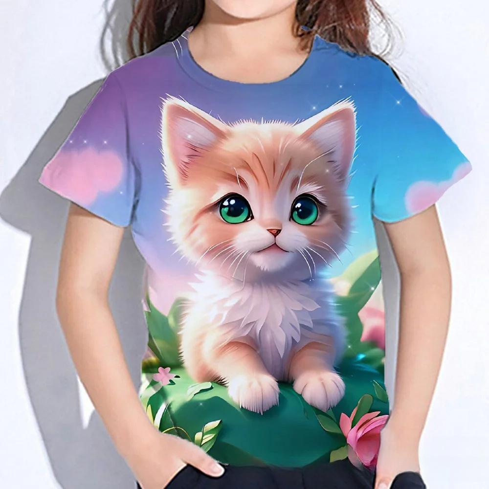 Summer Round Neck 3D Cat Printed Top Fashionable Casual Short Sleeved Children's Girl T-shirts