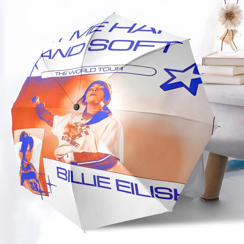 Singer Billie Eilish1 Print Automatic Umbrella, 8 Rib Iron Frame, Plastic Handle, Suitable for Outdoor Travel &Daily , Ideal Gift