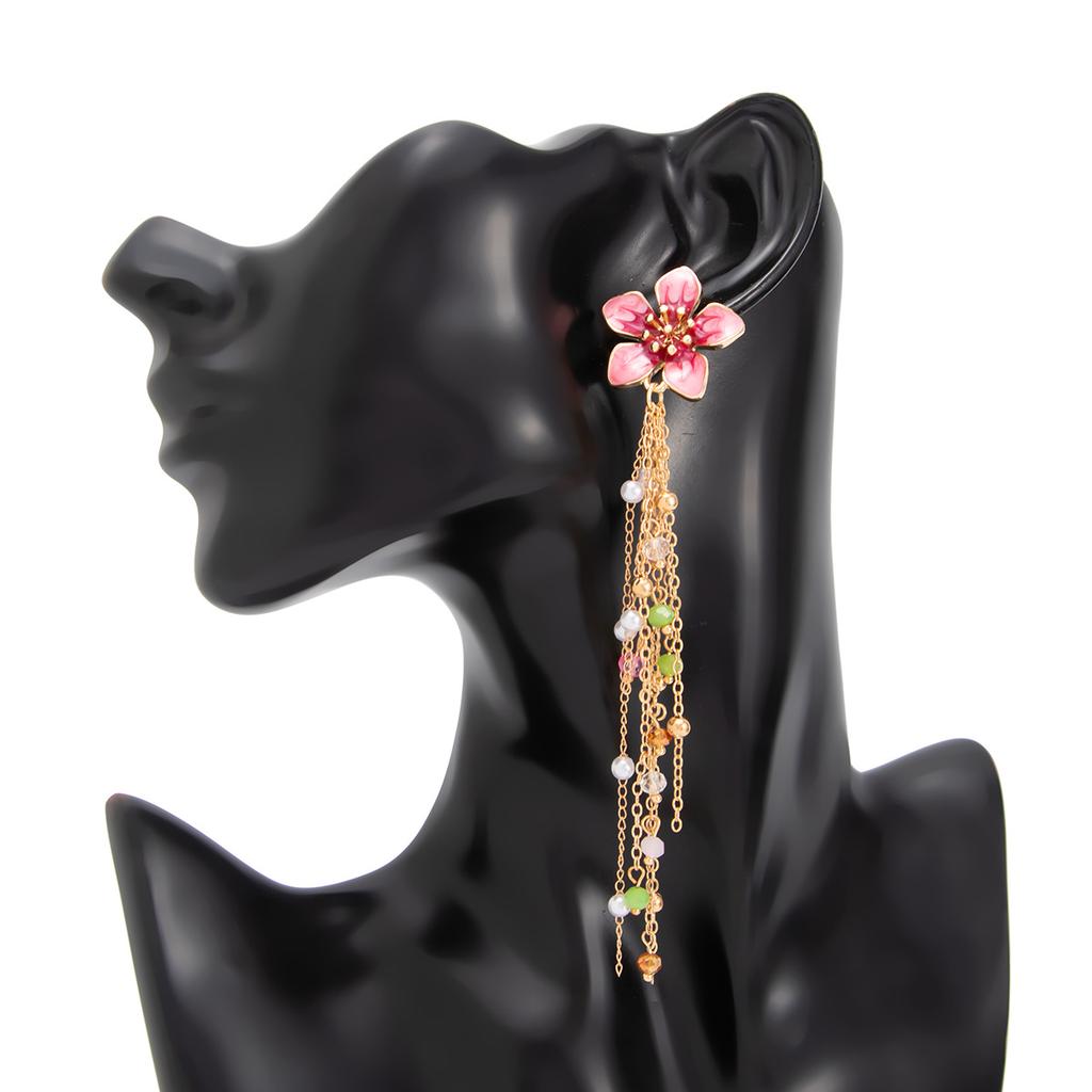 Orecchini a Bottone con Fiore Smaltato e Lungo Pendente a Frange Boho con Catena di Perle e Cristalli per Donne Gioielli da Vacanza