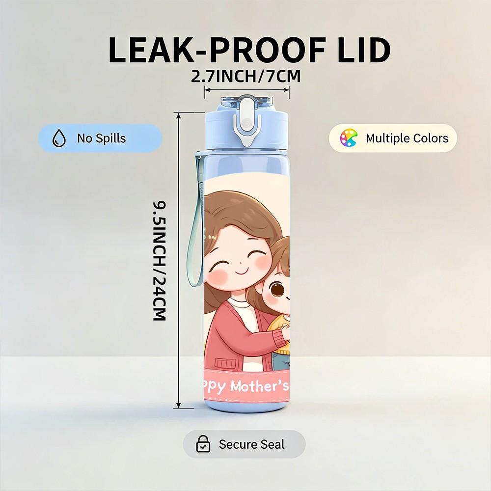 1PC Mom Daughter Floral Frame Cartoon Print 750ml Color Plastic Sports Water Bottle Leakproof Flip Straw Lid Suitable for Sports Office Home Use