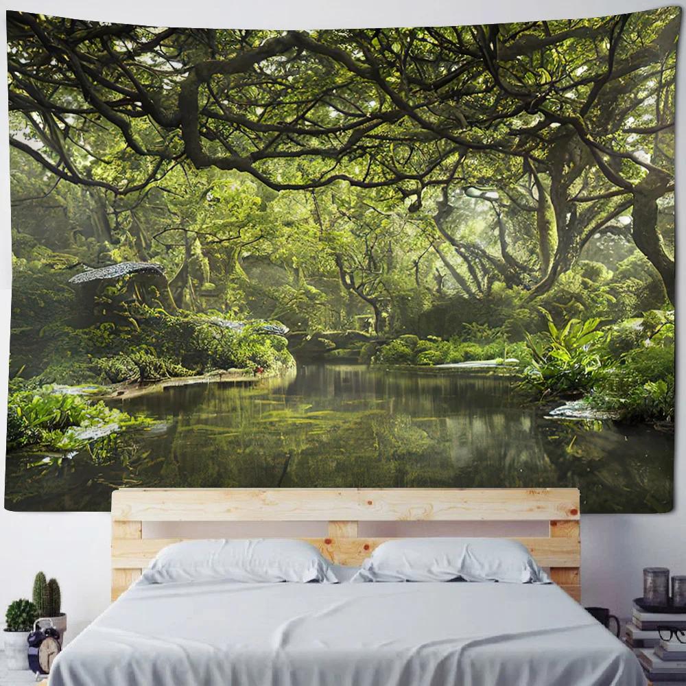 Green jungle tapestry, psychedelic castle home decoration wall hanging, Bohemian living room background cloth poster, sofa cover