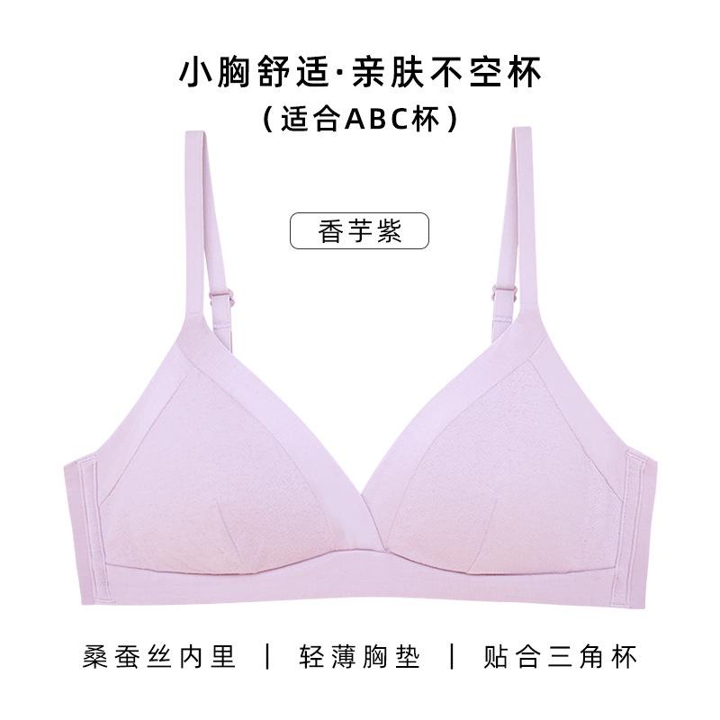 Y summer thin pure cotton mulberry silk French triangle cup underwear women's big breasts show small gathering small breasts no steel ring bra
